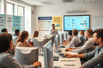 Imagem representativa do curso de Informática Básica, mostrando alunos interagindo com tecnologia e aprendendo habilidades essenciais para o mercado de trabalho.