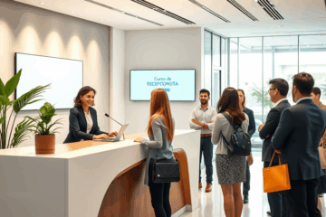 Imagem de uma recepcionista atendendo um cliente em um ambiente corporativo.