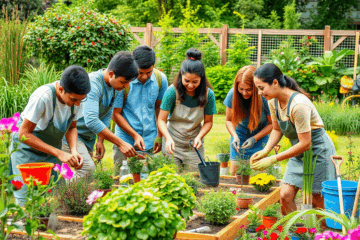 Imagens de um curso de jardinagem e paisagismo, onde alunos aprendem sobre plantas e design de jardins.