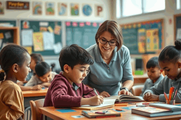 Imagem de um monitor escolar ensinando e cuidando de alunos em um ambiente escolar.