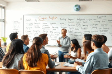 A imagem mostra um grupo de alunos em uma aula de inglês interativa, simbolizando a iniciação no aprendizado do idioma.