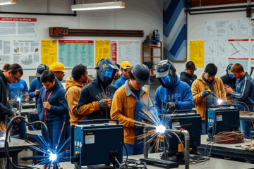 Imagem de um soldador industrial em ação, destacando as técnicas de soldagem em grandes projetos.