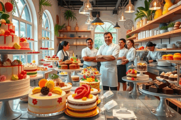 Imagem de confeitaria com doces gourmet sendo preparados