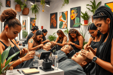 Pessoa realizando design de sobrancelhas em cliente, demonstrando técnicas avançadas e uso de henna.