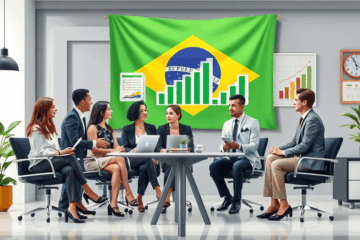 Imagem de uma aula de espanhol para negócios com um professor explicando a um grupo de profissionais.