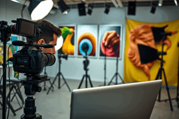 Imagem de uma câmera profissional em ação durante uma sessão de fotografia comercial avançada