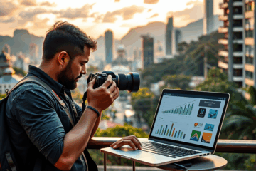 Fotógrafo com câmera em um cenário natural, representando fotografia premium e técnicas de venda.