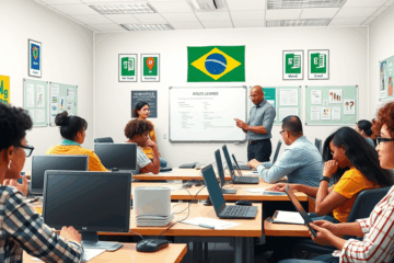 Imagem de um estudante aprendendo informática básica em um computador moderno
