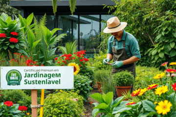 Imagem de um jardim sustentável com plantas variadas e técnicas de cultivo enfatizando sustentabilidade e alta rentabilidade.