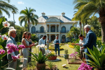 Imagem de um jardim luxuoso com plantas exóticas em um ambiente sofisticado, representando técnicas avançadas de jardinagem.