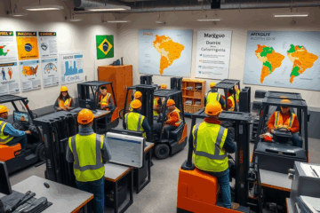 Imagem de um operador de empilhadeira praticando técnicas avançadas em um curso profissionalizante.