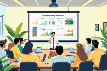 Imagem de um empreendedor analisando modelos de negócios digitais lucrativos em um laptop.