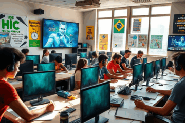 Imagem de estudantes participando do Curso Elite de Técnico em Jogos Digitais, aprendendo sobre estratégias de monetização.