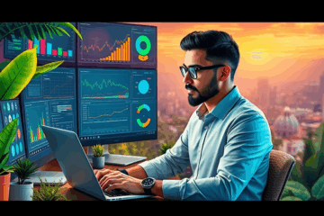 Imagem destacada de uma pessoa usando um computador para otimização comercial