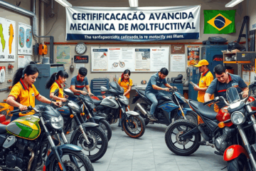 Imagem destacando a certificação avançada em mecânica de motos, mostrando um mecânico trabalhando em uma oficina