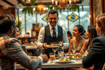 Garçom executivo atendendo clientes em um restaurante sofisticado, simbolizando excelência no serviço.