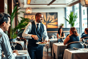 Imagem de um garçom servindo uma mesa em um restaurante elegante, destacando a certificação avançada e técnicas de monetização.
