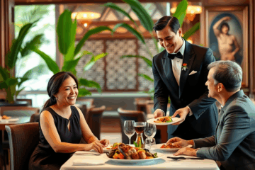 Garçom profissional servindo clientes em restaurante elegante.