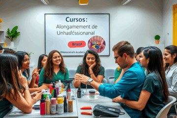 Imagem de um curso de alongamento de unhas profissional sendo ministrado na BelezaNails Academy, com foco nas mãos dos participantes.