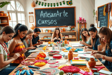 Imagem de pessoas participando de um curso prático de artesanato no ArtesanArte, com foco em técnicas criativas e habilidades artesanais.