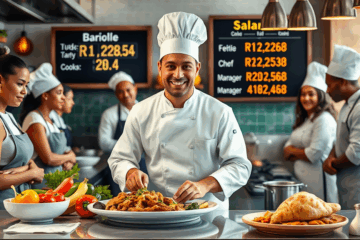 Cozinheiro profissional preparando prato gourmet em cozinha comercial