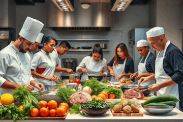 Chef preparando um prato sofisticado em uma cozinha profissional