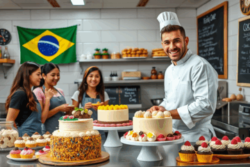 Imagem de um confeiteiro preparando um bolo decorado em uma cozinha profissional.