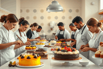 Imagem de um confeiteiro criando uma sobremesa sofisticada em um curso avançado de confeitaria.