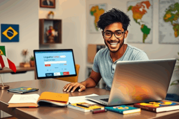 Imagem de um estudante acessando o curso online de espanhol do LinguaViva no computador