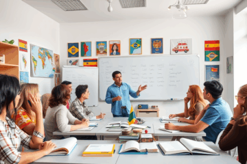 Imagem ilustrando o curso avançado de espanhol no LinguaViva Cursos, mostrando livros, uma tela de computador e estudantes.