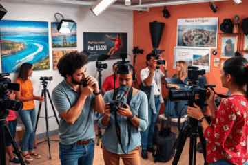 Imagem de um fotógrafo em ação capturando fotos com uma câmera profissional, representando o foco do artigo sobre salários no curso de Fotografia Digital.