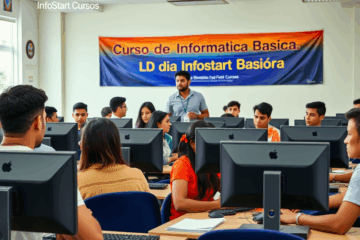 Pessoa usando um computador para um curso de informática básica online.