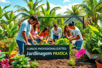 Um jardineiro trabalhando em um jardim, representando o curso prático de jardinagem da JardimVivo Academy.