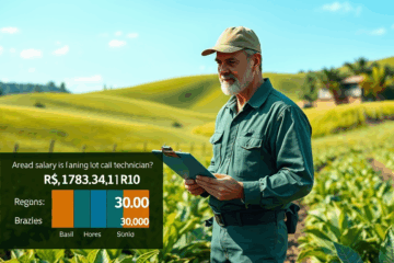 Um técnico em agropecuária analisando plantações em um campo, representando potencial de ganhos no setor.