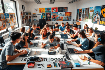 Jovens aprendendo desenvolvimento de jogos digitais no GameDev Institute