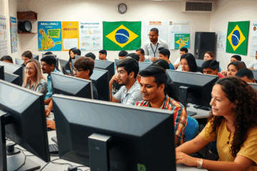 Imagem ilustrando curso de especialização em informática avançada oferecido pelo InfoStart, com alunos estudando em computadores.