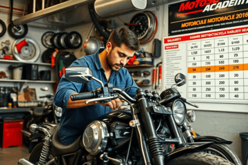 Imagem de um mecânico de motos trabalhando na oficina, representando o curso de mecânica de motos.