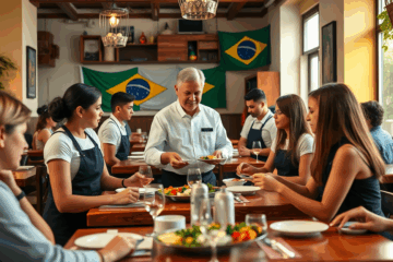 Imagem de um garçom profissional servindo em um restaurante, ilustrando o curso oferecido pelo Serviço&Talentos.