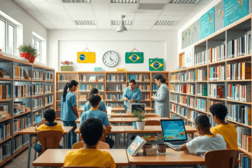 Imagem de uma biblioteca escolar repleta de livros com um profissional organizando as prateleiras.